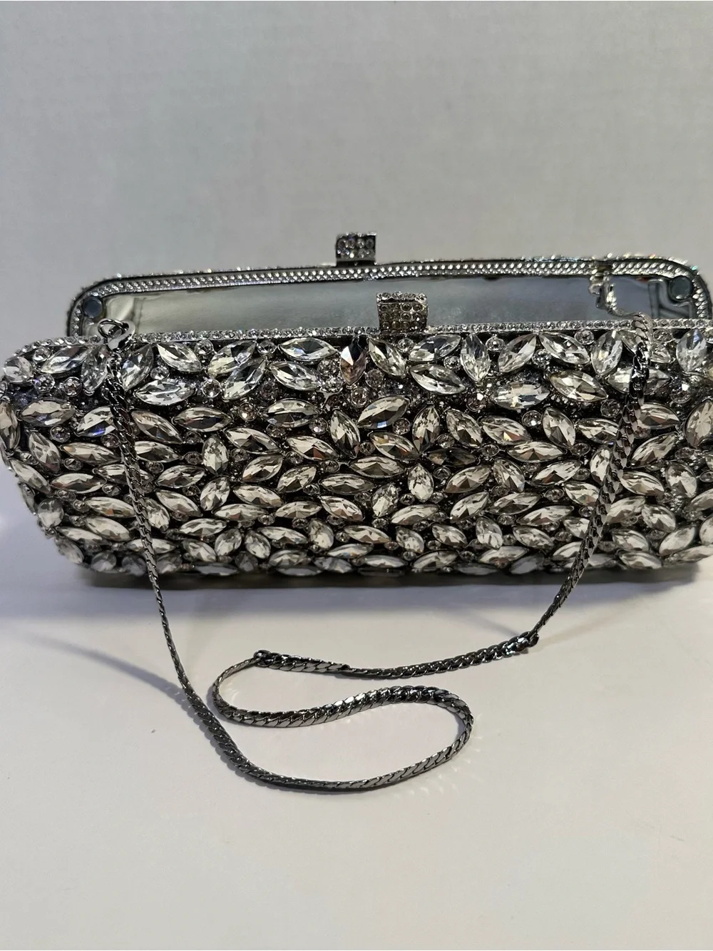 Crystal-Embellished Silver Evening Clutch - Designer Style